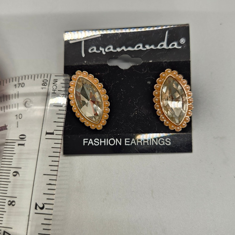 Taramanda Marquise Clear Stone Faux Pearl Stud Earrings ~1" Long Gold Tone - Picture 2 of 3